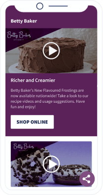A purple landing page with two videos showing a cakes and a description paragraph explaining the recipes and a button to Shop Online. 