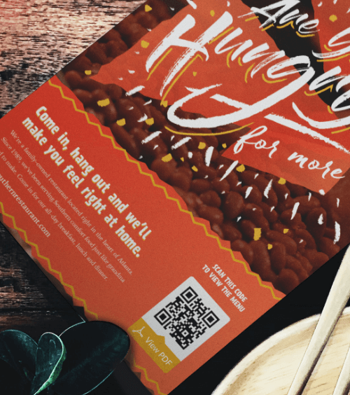 เมนูซื้อกลับบ้านของร้านอาหารพร้อมรหัส QR ที่แสดงเมนูอาหารเวอร์ชัน PDF เมื่อสแกน