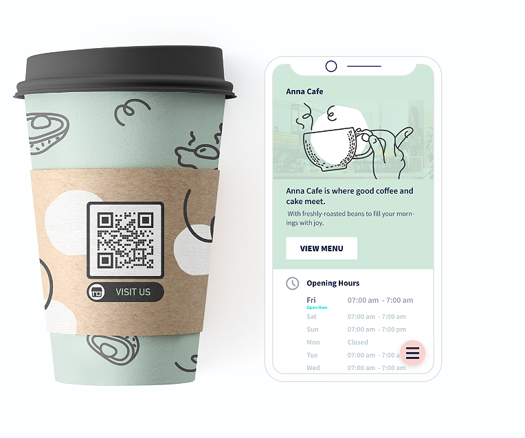 แนวคิดรหัส QR บนแก้วกาแฟพร้อมด้วยหน้าเริ่มต้นที่โฆษณาข้อมูลธุรกิจอย่างละเอียด