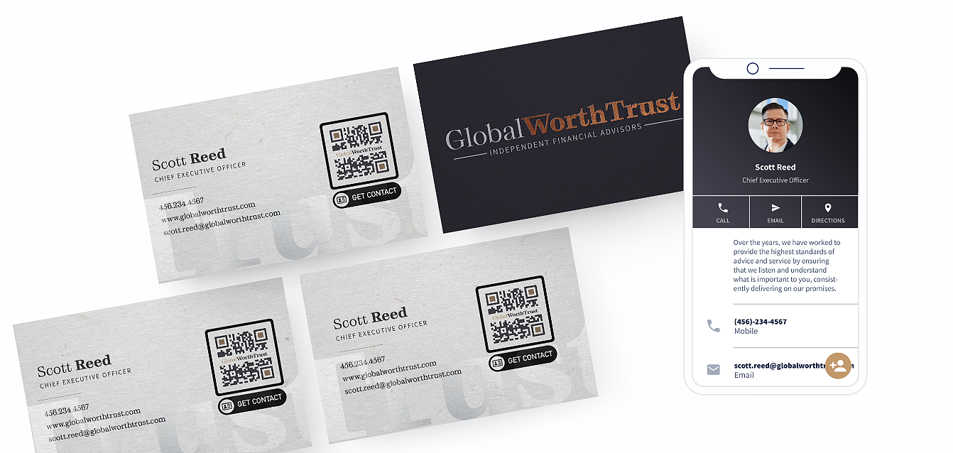 แนวคิดรหัส QR บนนามบัตรพร้อมด้วยหน้าเริ่มต้นที่แสดงข้อมูลการติดต่อพร้อมทั้งคุณลักษณะบันทึกลงในโทรศัพท์